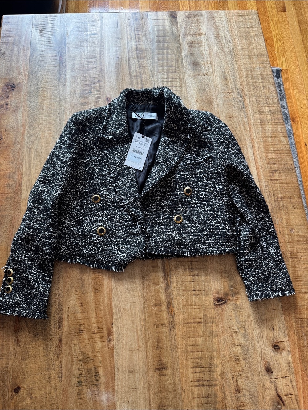 Zara Black and White cotton blend Crop Cropped Tweed Double-Breasted Blazer NEW